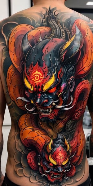 Generate hyper realistic image of a  a man with back to the viewer. He has full back tattoo on his wide back. Tattoo is a menacing traditional Japanese oni masks  with demon details, combined with the presence of a coiled serpent.The mask has a fierce and ominous expression, characterized by deep-set, hollow eyes, a prominent nose, and a wide-open mouth revealing sharp fangs. The mask's surface is detailed with flowing lines and shading that give it a three-dimensional, sculpted appearance. The presence of horns on the mask enhances its demonic and intimidating look.A snake is intertwined with the mask, wrapping around it in a sinuous, fluid motion. The snake's scales are meticulously detailed, creating a realistic texture. The serpent’s head emerges from the top of the mask, with its mouth open, displaying its fangs and forked tongue.,tattoo,FuturEvoLabTattoo,GlowingTat,tag score,oni style