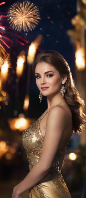 Generate hyper realistic image of a woman standing outdoors, her flowing brown hair cascading down her back, and she is facing the viewer with a smile on her lips. She has large breasts, pale skin, and a slim waist, and is dressed in a golden dress. Her hair is adorned with a beautiful ornament, and she holds a sparkler in one hand, with fireworks lighting up the night sky. Her brown eyes and earrings add to her elegance, while the background remains blurry to keep the solo focus on her.