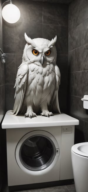  create a Ghost owl Washer in washroom,spoooky and scary mood.,monster,more detail XL,hallow33n
