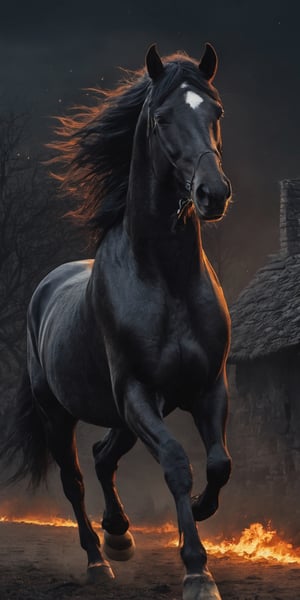 create a hyper realistic image of black horse with flaming mane running through abandoned village, dark night, , mighty and proud, strong and fiercy. high_resolution, highly detailed, sharp focus.8k,More Detail,monster