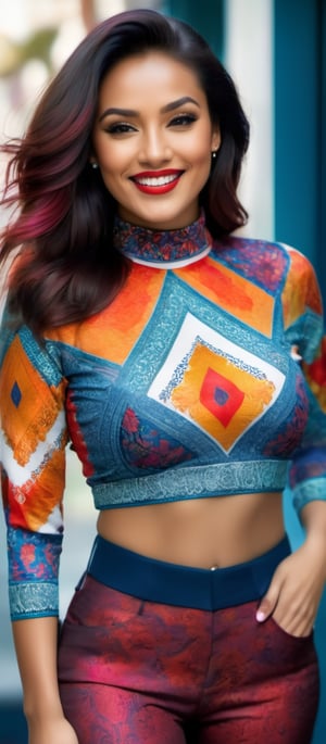 Generate hyper realistic image of a woman with a vibrant and eye-catching appearance. Her expression is relaxed and slightly playful, with a hint of a smile, adding to her approachable and lively demeanor. She is wearing a brightly colored, patterned top with a high collar. The top features an intricate and dynamic design, incorporating shades of red, orange, and blue. Her midriff is exposed, highlighting her toned physique. She is also wearing matching pants with a similar vibrant pattern. er hair is long, voluminous, and wavy, flowing freely around her shoulders. The dark color of her hair creates a striking contrast with her bright clothing. 