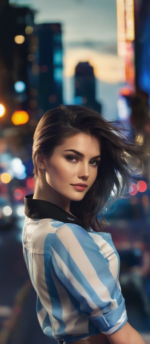 Generate hyper realistic image of a woman standing in front of a nighttime cityscape, with flowing brunette hair cascading down her back. She faces the viewer with a smile, her large breasts accentuated by a light blue and white striped shirt. The shirt is detailed with a black collar, white stripes, and an emblem on the right side of the chest that reads "meow". The scene includes a car driving down a street lined with street lights, capturing the city’s vibrant nighttime atmosphere. Her hair is pulled back.