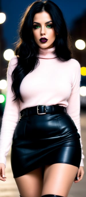 Generate hyper realistic image of a woman with long black hair looking at the viewer, her mouth slightly open, as she walks down the street at night. She is dressed in a black leather skirt, thighhighs, and high heels. The city's blurry lights reflect off her green eyes and black lips. She has one arm at her side while her other hand is in her pocket. She wears a light pink turtleneck sweater with a black belt and garter straps, paired with brown ankle boots.