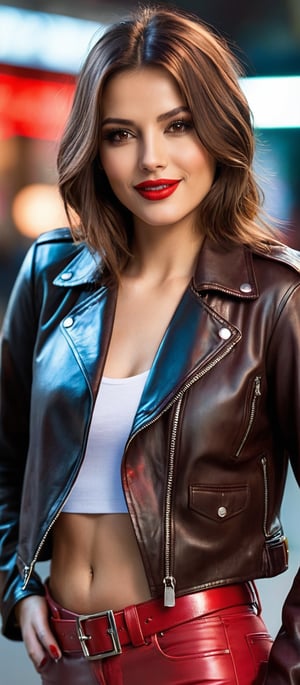 Generate hyper realistic image of a woman with long, brown hair and brown eyes, gazing directly at the viewer. She is dressed in a cropped biker jacket with a zipper, showcasing her midriff and slim waist. Her medium breasts are subtly highlighted by the crop top she is wearing. A red belt cinches her leather pants, adding a pop of color. With red lips and a bright smile, she exudes charm and radiates a magical aura.