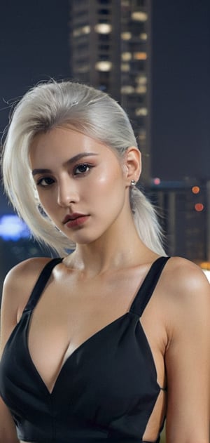 Create a stunning women, looking at viewer,, long hair, white hair, pretty face, ponytail, seductive, cityscape, at night, on top of a skyscraper, short dress, tight shiny skin, cold colors,photo r3al,detailmaster2