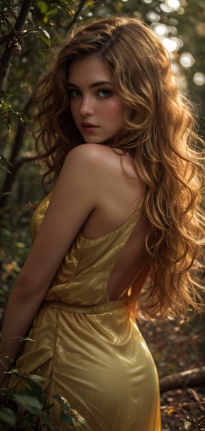 create a photo realistic women iin woods with transparent golden glowing dress. Women is surrounded by golden light,  Blonde long hair, age 28, european, astonishing face, beautiful green eyes, cute nose, she is full back and face to the viewer, long curly hair , hourglass body,golden light  lighting her from front, background of forest in autum evening.photo taken from crouched position.