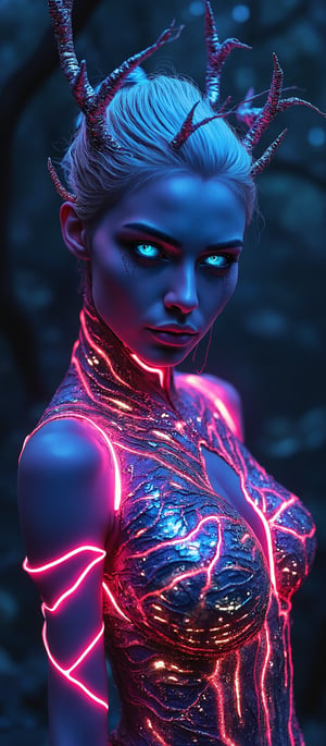 Generate hyper realistic image of a bioluminescent woman with a fantastical and alien appearance. The woman has an intense, otherworldly gaze. Her eyes are glowing bright blue, illuminated from within, and are strikingly detailed. Her skin appears smooth but with a slight metallic sheen. Her expression is serene, yet powerful. Her hair is white or silver, styled in an elegant updo. Thin, glowing wires intertwine with her hair. She wears a striking headpiece that looks like antlers, made of a bio-mechanical material. The headpiece glows with hues of pink, red, and purple, with delicate strands of glowing wires emanating from it. Her body is covered in an intricate web of bioluminescent lines and patterns that resembl veins glowing in various colors highlighting her curves. Her outfit merges seamlessly with her skin, as if it is growing out of her body. It has a glossy, organic look with glowing accents, resembling a symbiosis of plant life and advanced technology. The background is dark and blurred, with hints of a forest or natural environment.