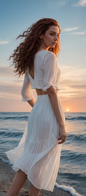 Generate hyper realistic image of a  woman with long, wavy red hair cascading down her back, adorned with a delicate hair ornament. She stands gracefully on the shore, her full body dressed in a flowing white skirt and a crop top with see-through sleeves, her gaze fixed on the viewer with confidence. The sunset paints the sky with hues of orange and pink as the gentle waves of the ocean lap against the sand. A flower tucked behind her ear adds a touch of natural beauty, while her curly hair dances in the salty breeze.