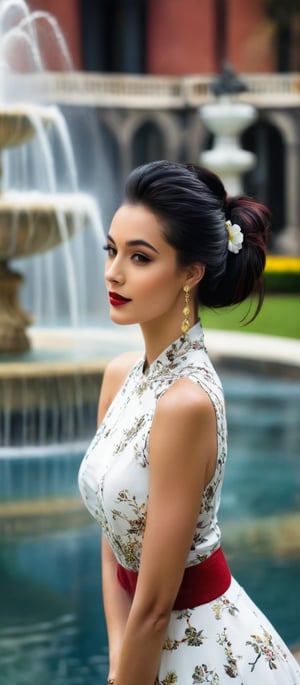 Generate hyper realistic image of a woman stands confidently in front of a large fountain. She is gazing at the viewer, smiling softly. Her outfit consists of a white sleeveless dress, patterned with black and yellow flowers. Her hair is styled into a sleek bob, and her lips are painted red, matching her deep red eyeshadow. She is standing in a seductive pose, her hair elegantly pulled back into a ponytail. She wears dangling earrings that add a touch of elegance. A few people are visible in the background.,hinaigirl