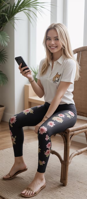 Generate hyper realistic image of woman with long, blonde hair seated comfortably in a chair, wearing a casual shirt and tight yoga pants adorned with symbolic prints. She sports a bright smile as she holds a phone, snapping a cheerful selfie with her adorable dog by her side. Her summer vibe radiates through the image, while her happy demeanor and relaxed pose