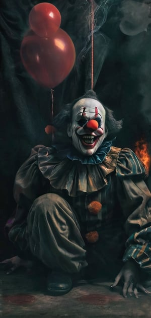 clown, painted face, sinister environment, smoke, night, terror, clown outfit, balloon in hand.,oni style