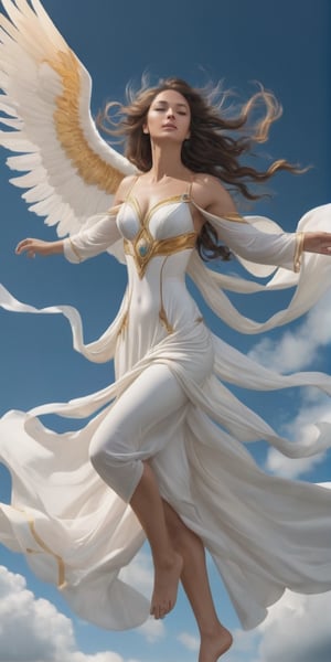 Generate hyper realistic image of an elegant goddess soaring through the skies, surrounded by gentle breezes and swirling winds, representing the free and untethered spirit of the air.