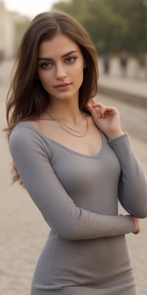 Generate hyper realistic image of a beautiful woman outdoors during the day. She possesses long, brown wavy hair, with a subtle head tilt and a gaze that meets the viewer. The focus is on her upper body, adorned in a dress with long sleeves and complemented by delicate jewelry, including a necklace. Grey eyes and lips add to her allure, and her own hands gracefully come together in a realistic pose. The collarbone is accentuated, and the background is intentionally blurry, creating an ethereal and enchanting atmosphere.
