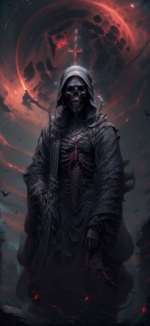  create a Grim reaper standing on top of church.He is illuminated from back by red moonlight.Terrifying, death, image taken from below of grim reaper.,fantasy00d,night_view_background