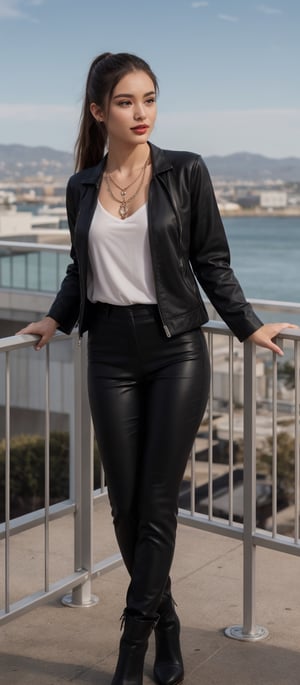 Generate hyper realistic image of a mesmerizing woman, adorned with a delicate necklace, stands gracefully in a sleek black jacket, pants, and boots ensemble. Her long hair pulled back into a chic ponytail, she exudes an air of mystery and allure. With a subtle smirk playing on her red lips, she leans against a railing.