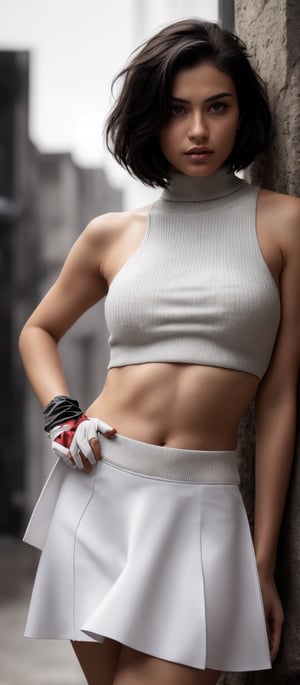 Generate hyper realistic image of a woman with short black hair and bare shoulders, standing confidently in a sleek skirt and sleeveless turtleneck, her parted lips hinting at a hidden allure, as she gazes directly at the viewer with an enigmatic allure, her black elbow gloves adding a touch of elegance to the cowboy shot composition against a subtly blurry background.