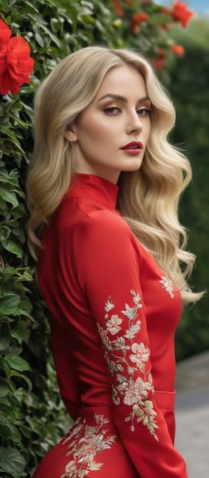 Generate hyper realistic image of a woman with long, wavy, voluminous blonde hair that cascades down her shoulders and back. The waves are smooth and well-defined. She is wearing a striking red outfit that consists of a high-neck, long-sleeved top with sheer sections adorned with intricate floral embroidery. The top is form-fitting, showcasing her slender figure. She pairs the top with a matching red skirt. The background features a picturesque park with neatly trimmed hedges and blooming red flowers.