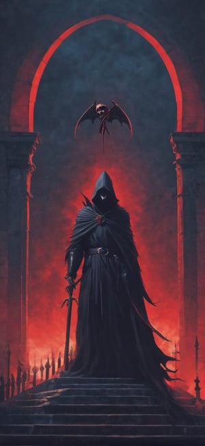  create a Grim reaper standing on top of church roof. he is facing the viewer. he is holding a  bloodyscythe,He is illuminated from back by red moonlight.Terrifying, death, image taken from below of grim reaper.,fantasy00d,night_view_background,horror,perfect light,schorror,monster,hallow33n