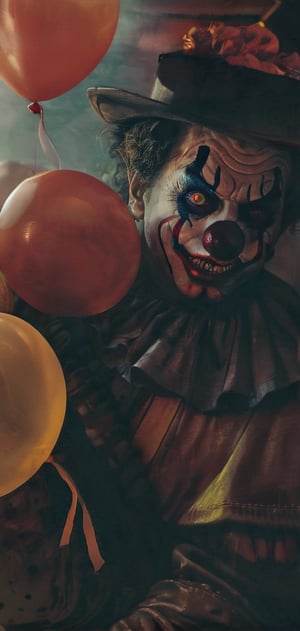 clown, painted face, sinister environment, smoke, night, terror,halloween mood. clown outfit, balloon in hand.,oni style