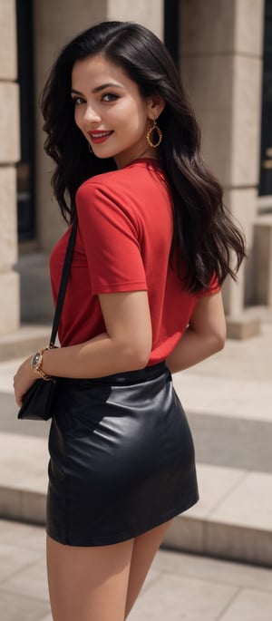 Generate hyper realistic image of a woman with long, black hair cascading down her back, adorned in a red shirt and a sleek black skirt. Her striking blue eyes sparkle beneath carefully crafted dark makeup, complementing her radiant smile and red lips. She accessorizes with elegant jewelry, including earrings and a golden wristwatch, as she confidently strides with her black handbag, showcasing her tanned skin and graceful, long legs.