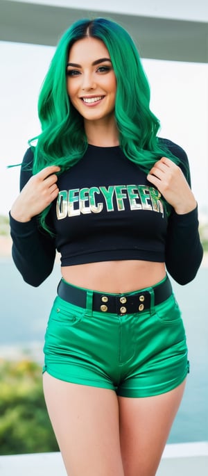 Generate hyper realistic image of a woman with long, vibrant green hair that cascades down her back in loose, voluminous waves. The hair is shiny and thick. She has a radiant smile, showcasing her teeth and dimples. She is wearing a green crop top with the word "Decyfer30" written across it in stylized letters. The top is fitted, showing off her toned midriff and matching green shorts that are high-waisted and slightly distressed at the hems. The shorts have a metallic sheen and are adorned with gold buttons and a belt. the woman is standing with her hands raised to her cheeks, using her fingers to gently pull her cheeks back, enhancing her smile. Outdoors setting.