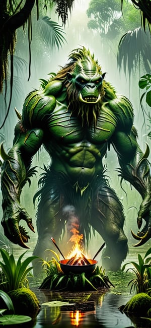  create a photo realistic image of scary looking jungle monster cooking human in the swamp, sharp focus, high detailed.