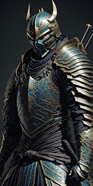 Generate an intricately detailed and visually compelling image of a formidable man adorned in futuristic samurai armor. Design a character whose armor seamlessly blends traditional samurai aesthetics with cutting-edge technology, featuring sleek lines, glowing accents, and advanced materials. Pay meticulous attention to the details of the armor, incorporating intricate patterns, symbols, and a harmonious color scheme. Place the man in a futuristic environment that complements the high-tech samurai theme, with dynamic lighting to showcase the reflective surfaces of the armor. Capture a sense of strength, honor, and readiness for battle, evoking the fusion of ancient warrior traditions with the advancements of a futuristic world. The goal is to create a visually stunning representation of a modern-day samurai in a technologically advanced era. .highly detailed . high_resolution, highly detailed, sharp focus.8k,NightmareFlame,rmspdvrs