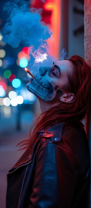 Generate hyper realistic image of a woman with skull painting on her face, leaning back against a textured wall, enveloped in thick, vibrant blue smoke. The woman is looking towards the sky. In its mouth, a lit cigarette burns, emitting the red smoke, which swirls around the head in an ethereal, dreamlike manner. The background is out of focus, revealing blurred city lights in a range of soft colors. The figure wears a black leather jacket with shiny, reflective surfaces. The mood is eerie yet modern, blending elements of death, urban culture, and neon lighting.