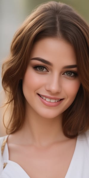 Generate hyper realistic image of a beautiful woman radiating a warm smile, her short brown hair casually styled with a few strands gracefully falling over one eye. The realistic details highlight the nuances of her lips and subtle makeup, capturing the charm of her grin. This prompt aims to convey the everyday beauty and genuine happiness in a simple yet realistic portrayal.