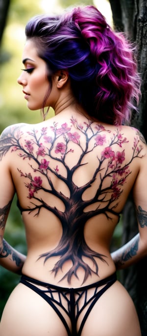 Generate hyper realistic image of a woman with an intricate and vibrant full-back tattoo. The woman is shown from behind, standing, allowing a clear view of her entire back. Her hair is straight and purple, falling around her shoulders. The tattoo covers her entire back. The central feature of the tattoo is a tree trunk and branches are intricately detailed with rich, dark brown shades. The branches extend gracefully across the skin, spreading out in an organic and natural pattern. The flowers are depicted in various shades of pink, from deep magenta to soft pastel hues. Each blossom is carefully crafted, with delicate petals and subtle shading. urrounding the tree and blossoms are scattered petals and leaves.