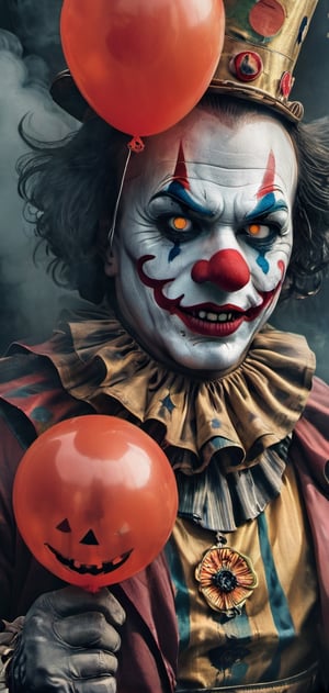 clown, painted face, sinister environment, smoke, night, terror,halloween environment. clown outfit, balloon in hand.,oni style