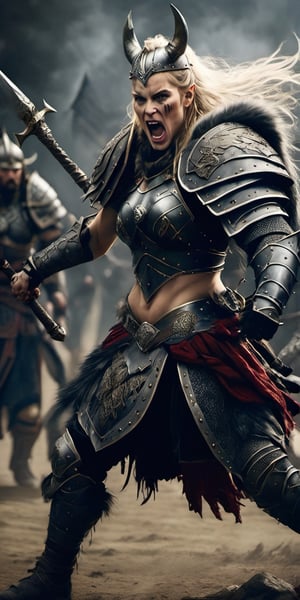  Create a hyper realistic female war maiden fighting with  enemies.Fierce, strong , fast  grey hairs, war paintings , viking armor with fur, shield and axe .high detailed ,sharp focus, dramatic lighting, dark colours, battlefield of norse.,photo r3al