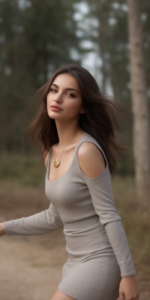 Generate hyper realistic image of a beautiful woman outdoors during the day. She possesses long, brown wavy hair, with a subtle head tilt and a gaze that meets the viewer. The focus is on her upper body, adorned in a dress with long sleeves and complemented by delicate jewelry, including a necklace. Grey eyes and lips add to her allure, and her own hands gracefully come together in a realistic pose. The collarbone is accentuated, and the background is intentionally blurry, creating an ethereal and enchanting atmosphere.