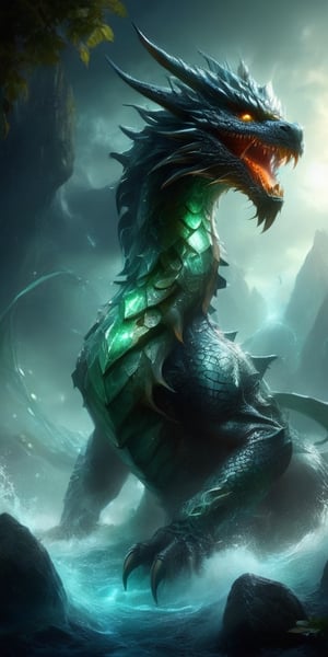 Generate hyper realistic image of a monstrous dragon with serpent-like features, its body covered in emerald scales, three pairs of ominous eyes, and a crown of venomous snakes instead of horns, embodying the terror of the ancient seas.