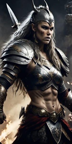  Create a hyper realistic female war maiden fighting with  enemies.Fierce, strong , fast  grey hairs, war paintings , viking armor with fur, shield and axe .high detailed ,sharp focus, dramatic lighting, dark colours, battlefield of norse.,photo r3al,detailmaster2