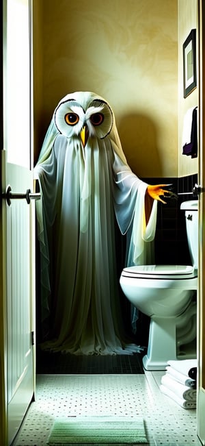  create a Ghost spookking an owl in washroom,spoooky and scary mood.halloween,monster,more detail XL,hallow33n