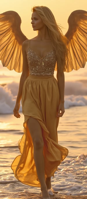 Generate hyper realistic image of a beautiful female angel standing straight, with ong, flowing, blonde hair that cascades down her back and shoulders. She has a fair complexion with delicate and well-defined features. Her expression is calm and serene. She is wearing a gold, shimmering top and matching gold skirt is high-waisted and also shimmers, with flowing fabric. Her large, golden wings are beautifully detailed with feathers. The background features a serene beach setting with waves gently crashing onto the shore. The lighting is warm and golden, enhancing the overall ethereal and heavenly atmosphere.