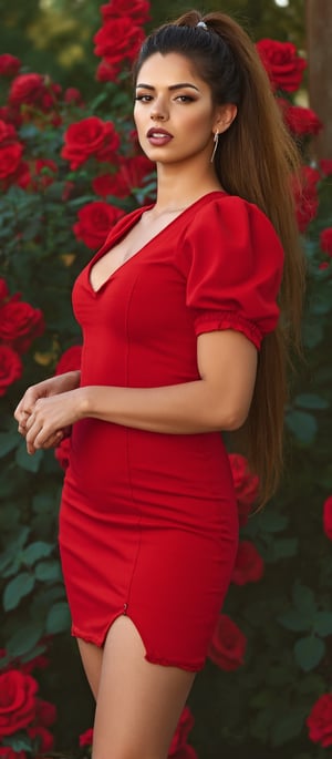 Generate hyper realistic image of a young woman is standing in a beautiful garden with blooming red roses and greenery. She has long, dark brown hair styled in a high ponytail and a fair complexion with large, expressive brown eyes. Her makeup is subtle, highlighting her natural beauty. She is dressed in a form-fitting, elegant red dress with short puffed sleeves. The dress has a high slit, revealing her thigh.