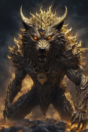 Create a realistic photo of Prince of hell Mammon appears as a wolf-like demon of wealth, especially given that wolves would be associated with greed in the Middle Ages. Mammon's skin appeared to be entirely made of a golden material but with several black scorched marks.Sharp focus, high detailed ,background of hell.,flmngprsn,DonML1quidG0ldXL ,monster