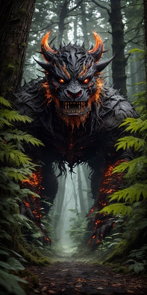  Create a hyper realistic image of forest monster creeping in the dark forest , waiting for his prey , vengeful and angry towards humanity...colourful , wide , specific,  darkness and blacknes in the background, dark , grim, .,photo r3al,More Detail,   