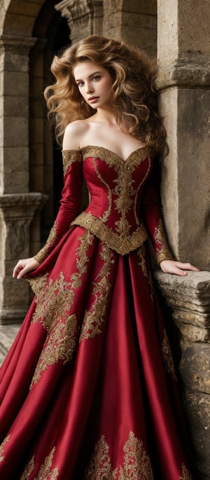 Generate hyper realistic image of a woman with voluminous, wavy hair with a slightly wild. Her hair is a rich, golden blonde color. She is dressed in an ornate, strapless red gown with intricate gold embroidery. The bodice is form-fitting and accentuates her figure, while the skirt is voluminous and has a luxurious, flowing quality.  She is leaning against an ancient stone structure. The background features an ancient, weathered stone structure that evokes the setting of a historical castle or ruins.