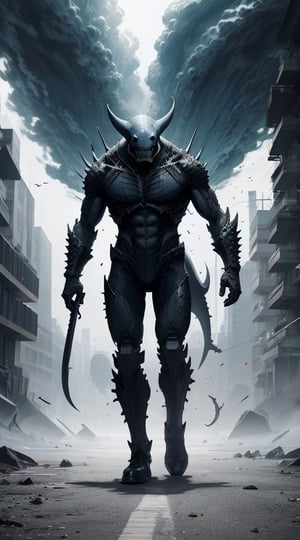 Create a shark humanoid walking on earth, scary looking hybrid, mutant, agressive, human enemy, apocalypse.