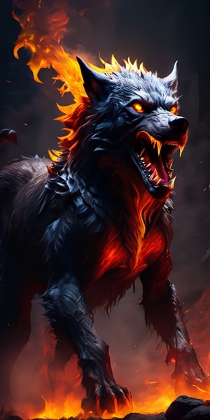 Create a lava wolf growling, from its mouth dripping lava , fire from eyes, enemy of humanity, screeching, up close, dark night, sharp focus, highly detailed,
