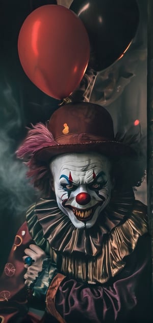 clown, painted face, sinister environment, smoke, night, terror,halloween background. clown outfit, balloon in hand.,oni style