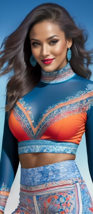 Generate hyper realistic image of a woman with a vibrant and eye-catching appearance. Her expression is relaxed and slightly playful, with a hint of a smile, adding to her approachable and lively demeanor. She is wearing a brightly colored, patterned top with a high collar. The top features an intricate and dynamic design, incorporating shades of red, orange, and blue. Her midriff is exposed, highlighting her toned physique. She is also wearing matching pants with a similar vibrant pattern. er hair is long, voluminous, and wavy, flowing freely around her shoulders. The dark color of her hair creates a striking contrast with her bright clothing. 