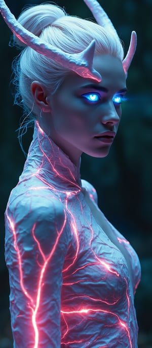 Generate hyper realistic image of a bioluminescent woman with a fantastical and alien appearance. The woman has an intense, otherworldly gaze. Her eyes are glowing bright blue, illuminated from within, and are strikingly detailed. Her skin appears smooth but with a slight metallic sheen. Her expression is serene, yet powerful. Her hair is white or silver, styled in an elegant updo. Thin, glowing wires intertwine with her hair. She wears a striking headpiece that looks like antlers, made of a bio-mechanical material. The headpiece glows with hues of pink, red, and purple, with delicate strands of glowing wires emanating from it. Her body is covered in an intricate web of bioluminescent lines and patterns that resembl veins glowing in various colors. Her outfit merges seamlessly with her skin, as if it is growing out of her body. It has a glossy, organic look with glowing accents, resembling a symbiosis of plant life and advanced technology. The background is dark and blurred, with hints of a forest or natural environment.