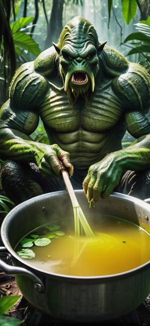 create a photo realistic image of scary looking swamp monster cooking broth in the jungle, sharp focus, high detailed.
