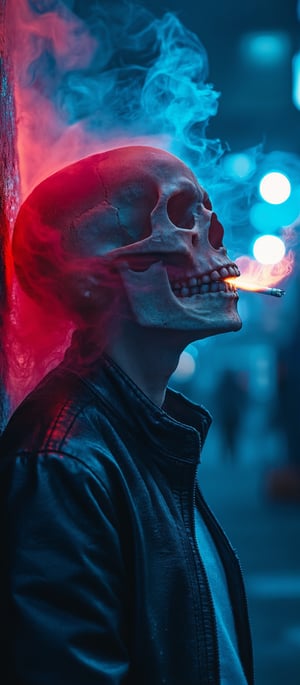 Generate hyper realistic image of a human skull, leaning back against a textured wall, enveloped in thick, vibrant blue smoke. The skull is highly detailed, with visible cracks and imperfections. The hollow eye sockets stare upwards, as if the skull is looking towards the sky. In its mouth, a lit cigarette burns, emitting the red smoke, which swirls around the head in an ethereal, dreamlike manner. The background is out of focus, revealing blurred city lights in a range of soft colors. The figure wears a black leather jacket with shiny, reflective surfaces. The mood is eerie yet modern, blending elements of death, urban culture, and neon lighting.