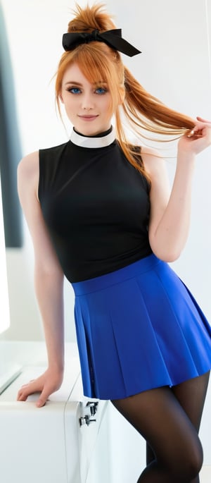 Generate hyper realistic image of a woman with long, flowing orange hair tied up in a high ponytail with a black ribbon. She has a youthful face with 
expressive blue eyes and a confident smile. Her makeup is subtle, highlighting her natural features. She is wearing a form-fitting black sleeveless top with a high collar and a white detail at the chest, resembling a tuxedo front. The top has a buttoned design that accentuates her figure and a short, pink pleated skirt that contrasts with her black top. She is wearing black stockings that emphasize her long legs and black high-heeled shoes. 