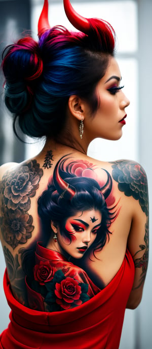 Generate hyper realistic image of a woman with an intricate and vibrant full-back tattoo. The woman is shown from behind, seated and leaning slightly to one side, allowing a clear view of her entire back. Her hair is straight and dark, falling around her shoulders. The tattoo covers her entire back. The central feature of the tattoo is a large Hannya mask. The mask has a fierce, angry expression with sharp teeth and horns, depicted in vivid red and contrasting dark shades. The tattoo features rich, deep colors with intricate shading. he woman's hair is straight and dark, and it frames the tattoo. 